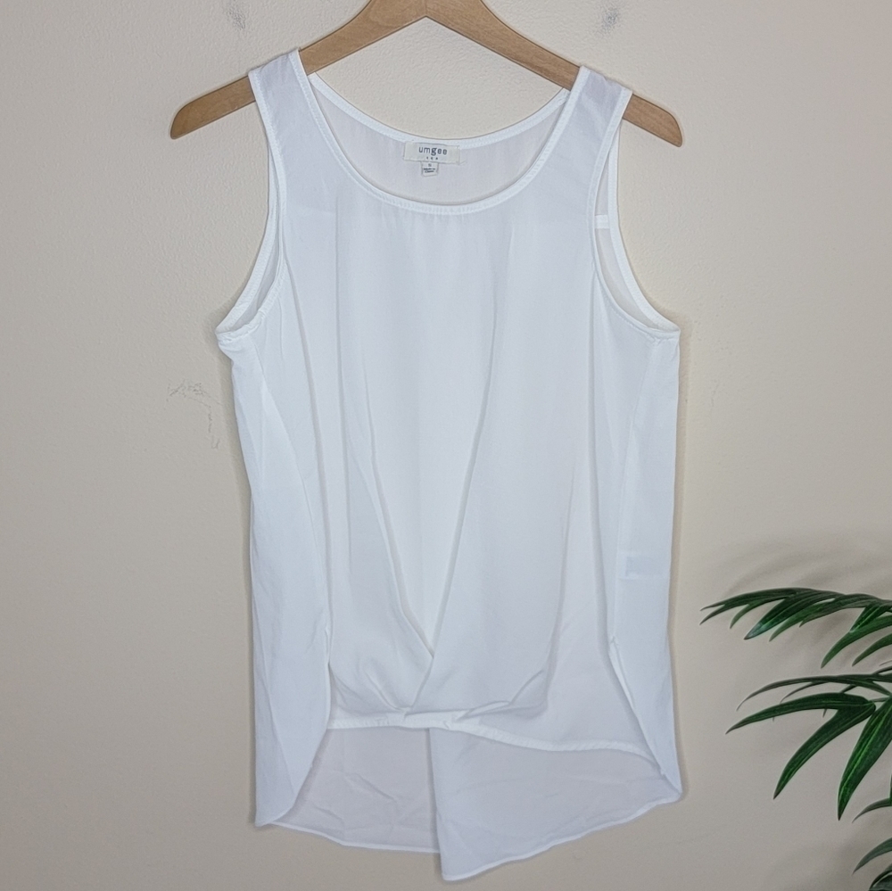 Umgee Sheer Creamy White Tank Blouse with Crossover Hem Detail Size Small